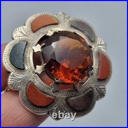 Large Antique Victorian Scottish Silver Citrine & Agate Brooch