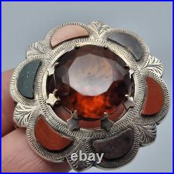 Large Antique Victorian Scottish Silver Citrine & Agate Brooch