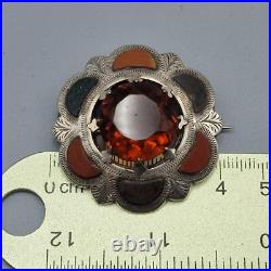 Large Antique Victorian Scottish Silver Citrine & Agate Brooch