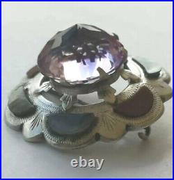 Large Scottish Antique Brooch Pin Solid Silver Agate & Faux Amethyst Celtic