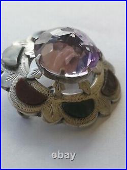 Large Scottish Antique Brooch Pin Solid Silver Agate & Faux Amethyst Celtic