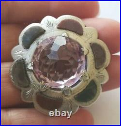 Large Scottish Antique Brooch Pin Solid Silver Agate & Faux Amethyst Celtic