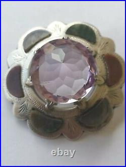 Large Scottish Antique Brooch Pin Solid Silver Agate & Faux Amethyst Celtic