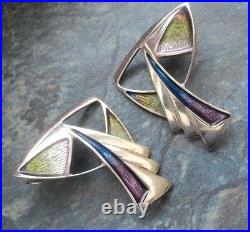 Large Scottish Art Nouveau Style Silver & Enamel Earrings Pat Cheney c. 1980s