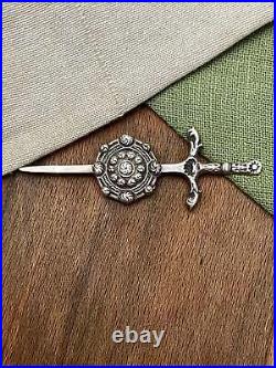 Large Scottish Sword and Shield Kilt Brooch Pin Solid 925 Sterling Silver Celtic