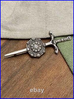 Large Scottish Sword and Shield Kilt Brooch Pin Solid 925 Sterling Silver Celtic