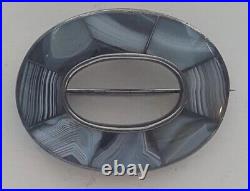 Large Victorian Scottish Agate Brooch Pin Blue Banded Agate