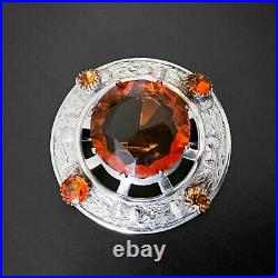 Large Vintage 925 Sterling Silver Scottish Agate Citrine Thistle Kilt Brooch Pin