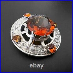 Large Vintage 925 Sterling Silver Scottish Agate Citrine Thistle Kilt Brooch Pin