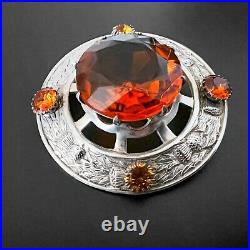 Large Vintage 925 Sterling Silver Scottish Agate Citrine Thistle Kilt Brooch Pin