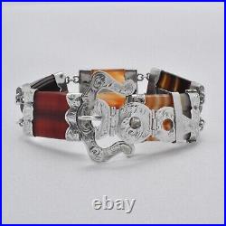 Late 1800 Victorian Antique Scottish Agate Sterling Silver Belt Buckle Bracelet