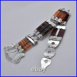 Late 1800 Victorian Antique Scottish Agate Sterling Silver Belt Buckle Bracelet