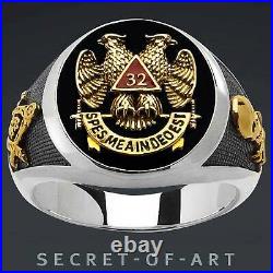 Masonic Ring Freemason Scottish Rite AASR 32nd Mason 925 Silver 24K-Gold-plated