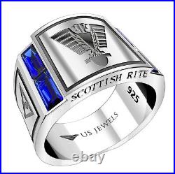 Men's 925 Sterling Silver Sapphire Gemstone Scottish Rite Freemason Masonic Ring