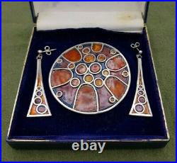 NORMAN GRANT SCOTTISH SILVER MODERNIST ORANGE ENAMEL BROOCH PENDANT EARRINGS 60s