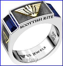 New Two Tone 0.925 Sterling Silver Scottish Rite Synthetic Sapphire Masonic Ring