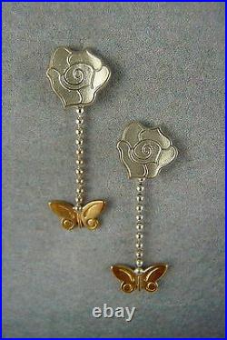 Ola Gorie Silver & 9ct Yellow Gold Flowerland Earrings Rose Butterfly Scottish