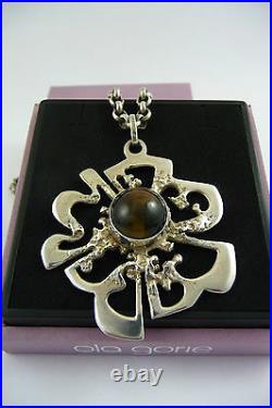 Ola Gorie Silver Pendant 20 Chain Tigers Eye 1973 Scottish