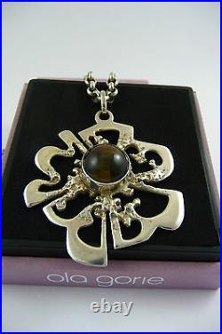 Ola Gorie Silver Pendant 20 Chain Tigers Eye 1973 Scottish