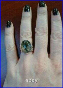 Old Scottish Antique Vintage Sterling Silver & Moss Agate Heavy Thick Wide Ring