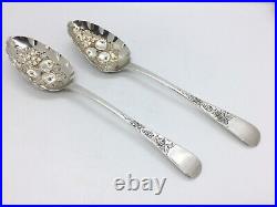 Pair Of Georgian Scottish Solid Sterling Silver Bright Cut Berry Table Spoons