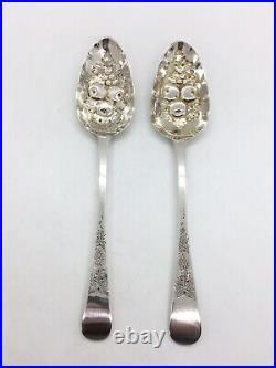 Pair Of Georgian Scottish Solid Sterling Silver Bright Cut Berry Table Spoons