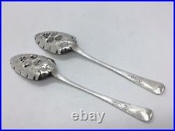 Pair Of Georgian Scottish Solid Sterling Silver Bright Cut Berry Table Spoons