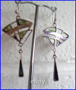 Pat Cheney Enamel Earrings Attractive Scottish Sterling Silver Art Deco c1980s