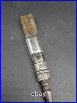 Rare Antique Scottish Sterling Silver Moss Agate Handled Button Hook