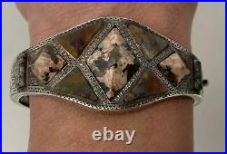 Rare Antique Victorian Sterling Silver Scottish Agate Hinged Bangle Bracelet
