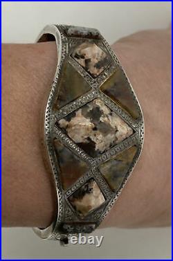 Rare Antique Victorian Sterling Silver Scottish Agate Hinged Bangle Bracelet
