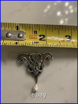 Rare Sterling Silver Scottish Ola Maria Gorie OMG Brooch Double Hearts With Pearl