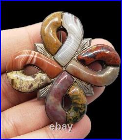 Rare Victorian Scottish Agate Brooch Pin 925 Sterling Silver Cross