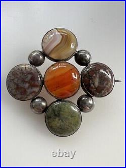 Rare Victorian Scottish Agate & Hardstone Sterling Silver Large Brooch Pin 2.5