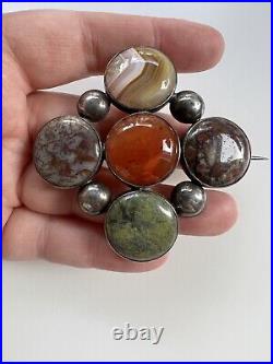 Rare Victorian Scottish Agate & Hardstone Sterling Silver Large Brooch Pin 2.5