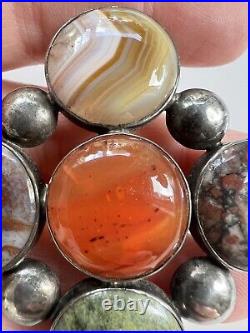 Rare Victorian Scottish Agate & Hardstone Sterling Silver Large Brooch Pin 2.5