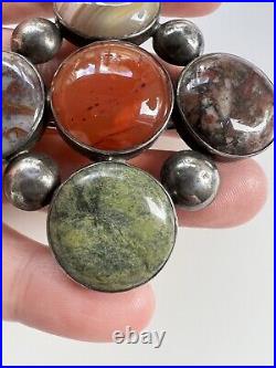 Rare Victorian Scottish Agate & Hardstone Sterling Silver Large Brooch Pin 2.5