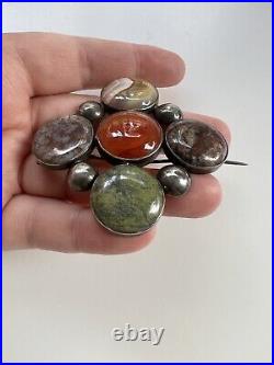 Rare Victorian Scottish Agate & Hardstone Sterling Silver Large Brooch Pin 2.5