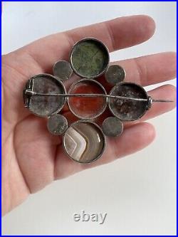 Rare Victorian Scottish Agate & Hardstone Sterling Silver Large Brooch Pin 2.5