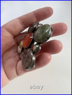 Rare Victorian Scottish Agate & Hardstone Sterling Silver Large Brooch Pin 2.5