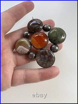 Rare Victorian Scottish Agate & Hardstone Sterling Silver Large Brooch Pin 2.5