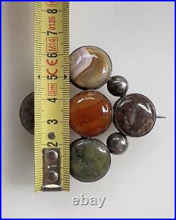 Rare Victorian Scottish Agate & Hardstone Sterling Silver Large Brooch Pin 2.5