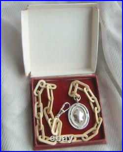 Rare Victorian Scottish Antler Albert Watch Chain with 1860 Sterling Silver Fob