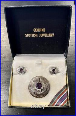 SCOTTISH Ward Brothers WBs STERLING SILVER Amethyst PIN Brooch Earrings With BOX