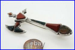 STRIKING ANTIQUE VICTORIAN SCOTTISH SILVER & AGATE AXE SHAPED BROOCH c1880