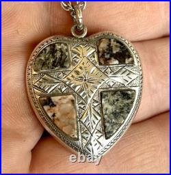 Scottish 925 Silver Granite Pendant Love Heart Necklace / Victorian Antique