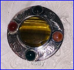 Scottish Agate Tigers Eye Sterling Silver Thistle Brooch Engraved Vtg Antique