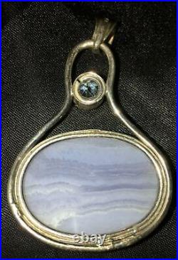 Scottish Blue Lace Agate Sterling Silver Aquamarine Pendant Necklace Vtg Antique