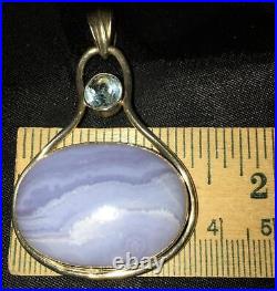 Scottish Blue Lace Agate Sterling Silver Aquamarine Pendant Necklace Vtg Antique