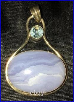 Scottish Blue Lace Agate Sterling Silver Aquamarine Pendant Necklace Vtg Antique